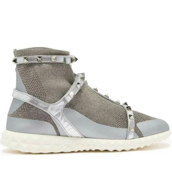 $995 Valentino GARAVANI Silver Rockstud Knit Sneakers SZ IT 40/ US 10 NIB - Picture 5 of 12